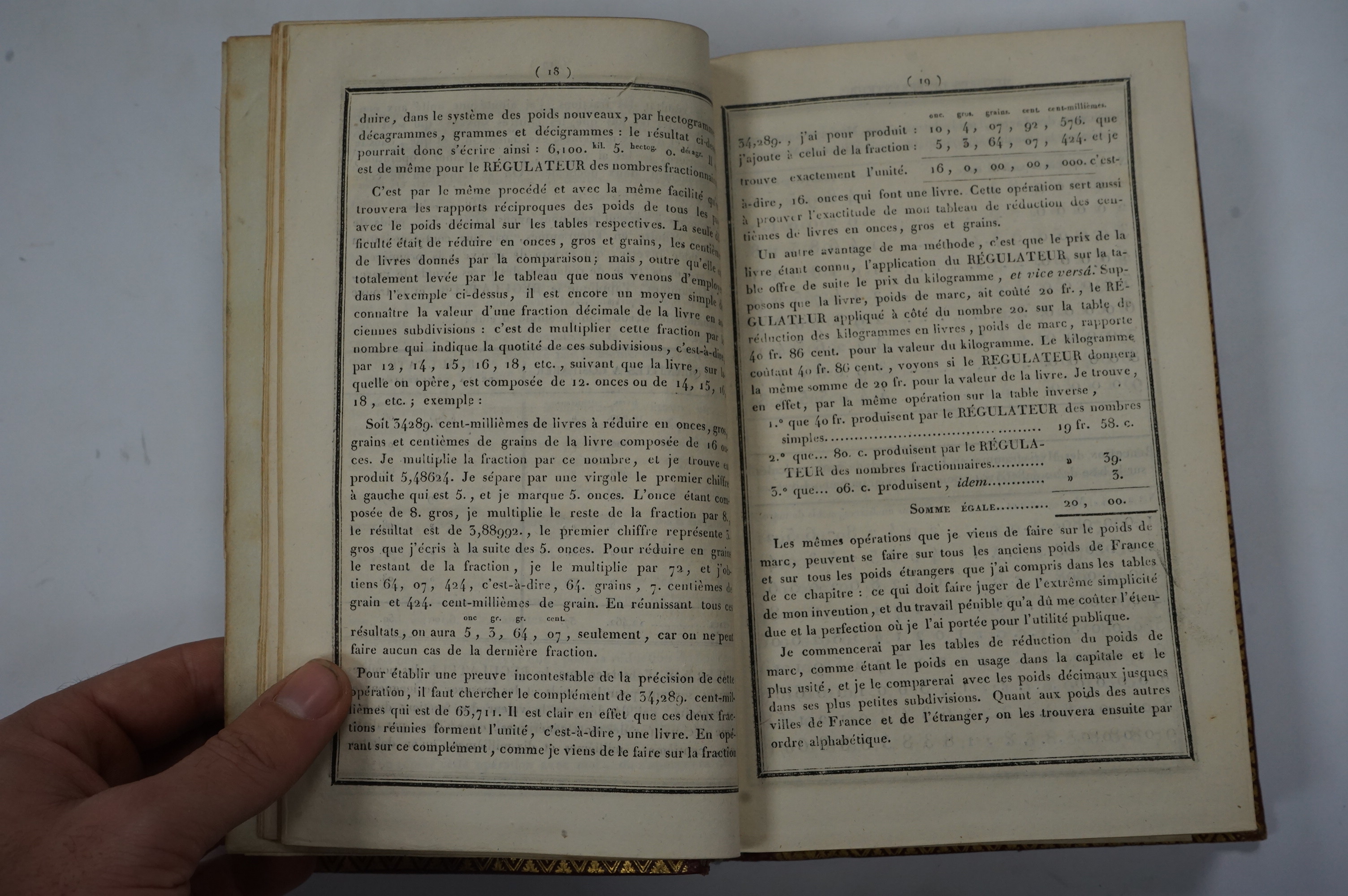 Martin, C. Francois - Le Régulateur Universel des Poids et Mesures, invention nouvelle, 8vo, 533pp, errata, with three folding printed tables, one bound as frontispiece, and two (card and silver plate) regulateurs preser